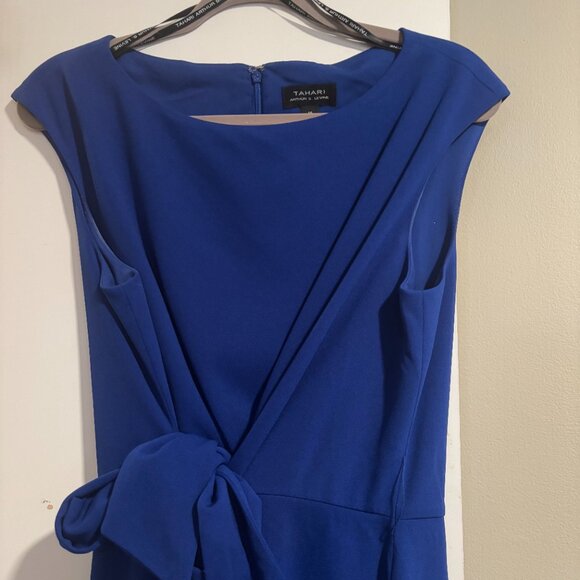 Tahari ASL Women Cobalt Blue Side Tide Crepe Sheath Cap sleeve Dress Size 14 - Picture 3 of 16